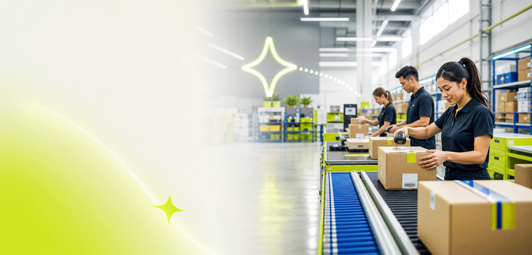 Modern ecommerce fulfillment warehouse with parcels and logistics team