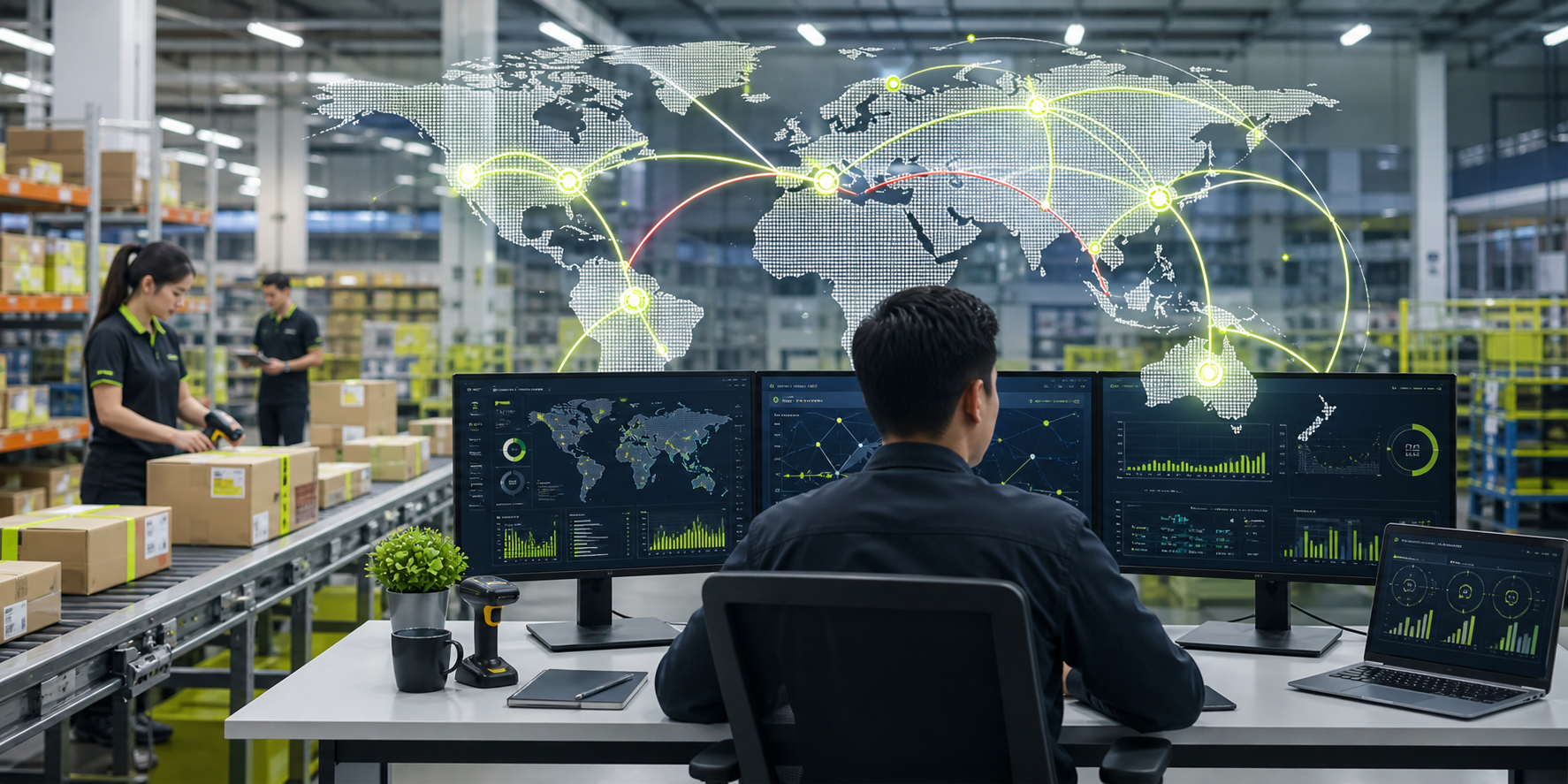 Logistics control desk with global delivery routes